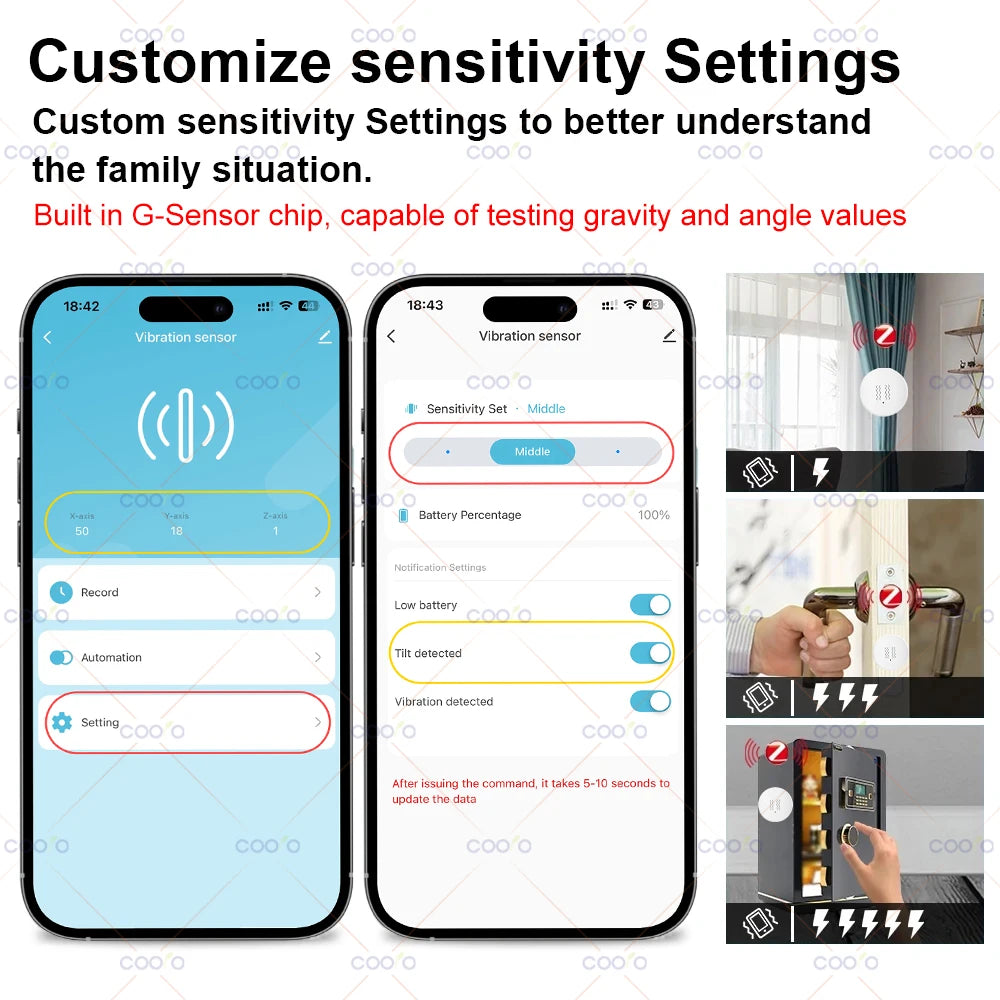 Tuya Zigbee Smart Vibration Sensor Detection Tilt XYZ Axis Sensor SmartLife App Notification Real-Time Motion Shock Alarm Record