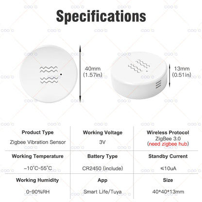 Tuya Zigbee Smart Vibration Sensor Detection Tilt XYZ Axis Sensor SmartLife App Notification Real-Time Motion Shock Alarm Record