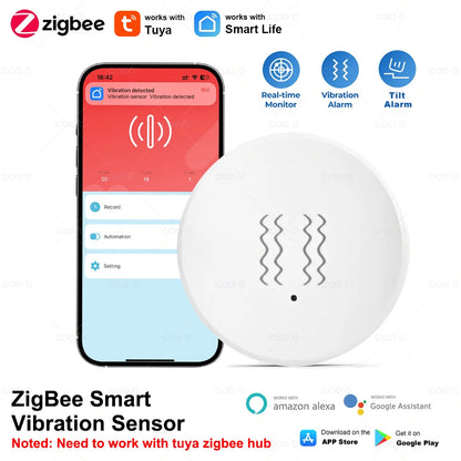 Tuya Zigbee Smart Vibration Sensor Detection Tilt XYZ Axis Sensor SmartLife App Notification Real-Time Motion Shock Alarm Record